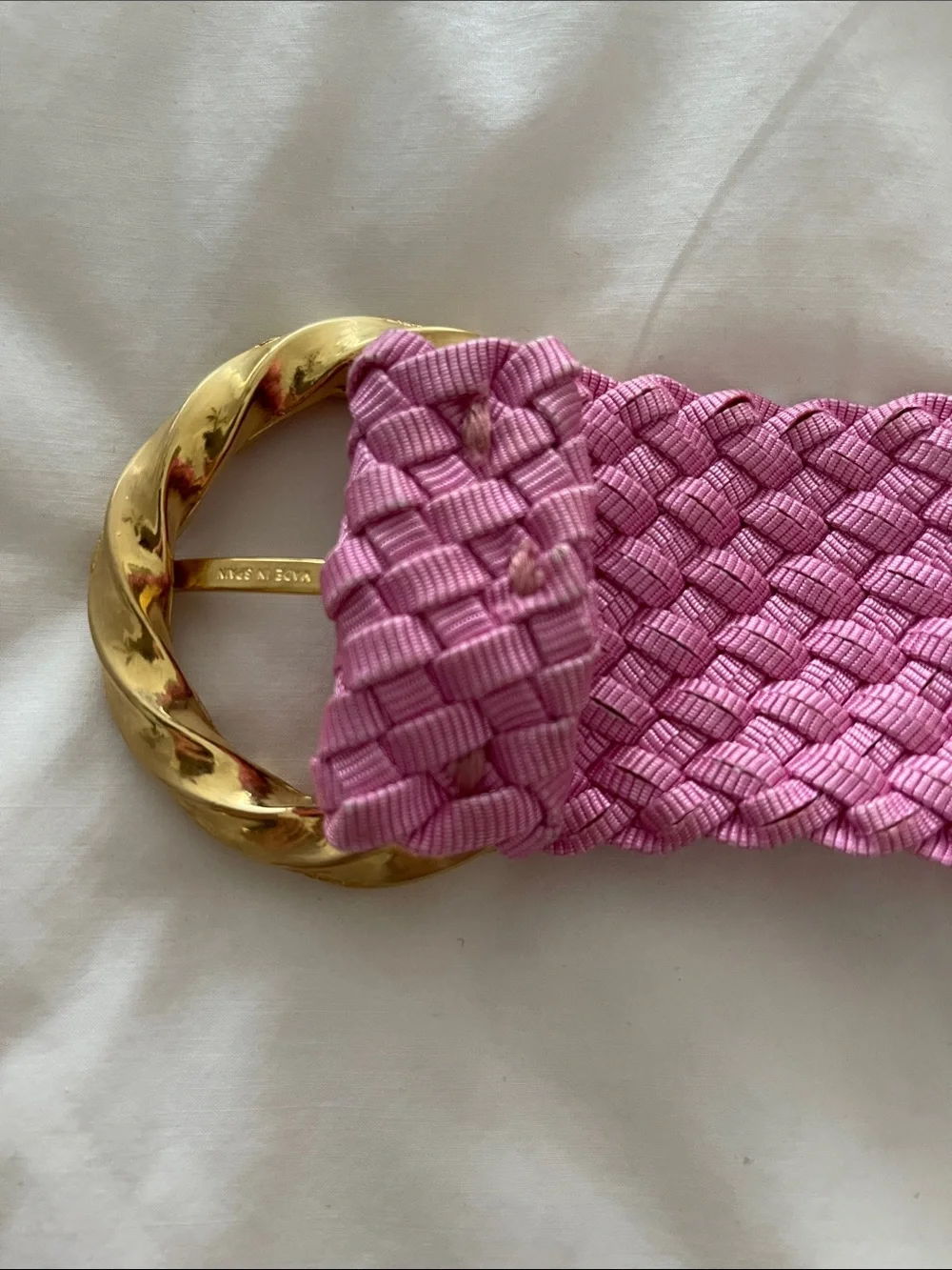 Vintage Pink Braided Stretch Belt with Gold Twisted Round Buckle made in Spain